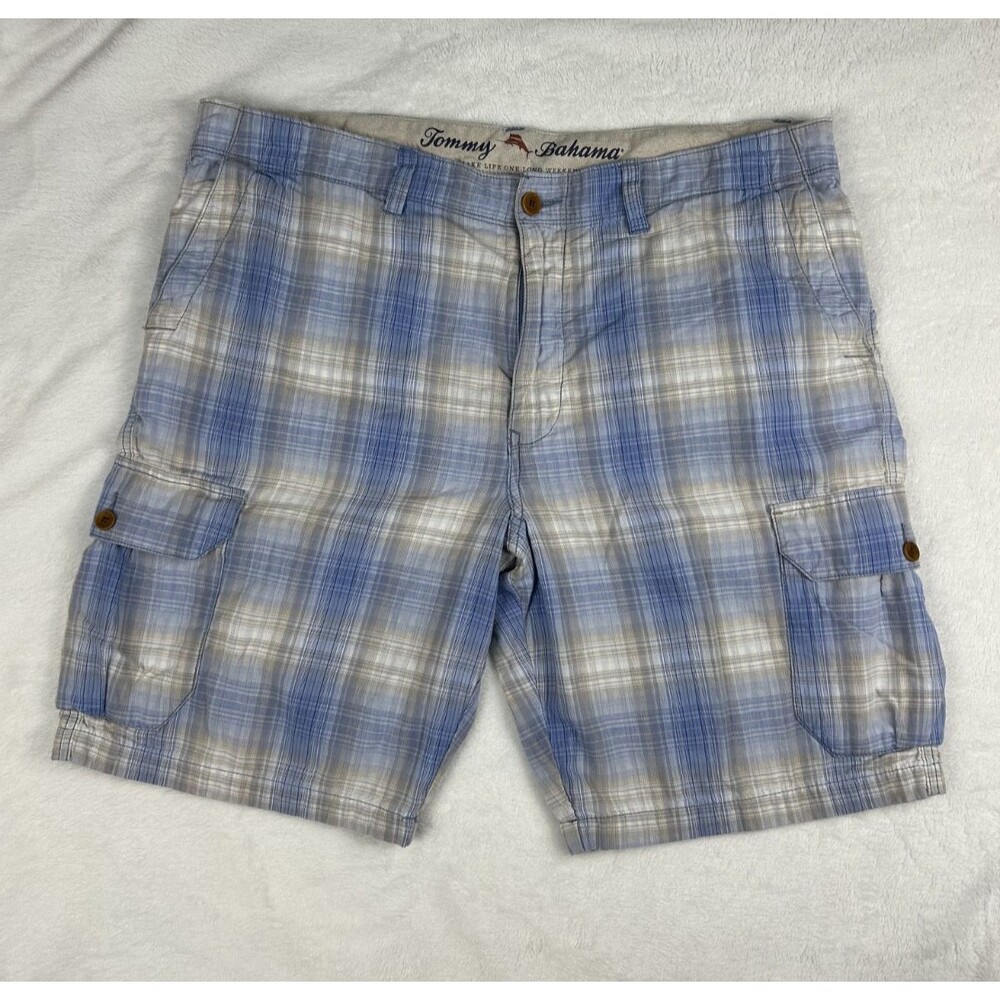 Tommy Bahama Men's Size 40 Blue Plaid Cargo Shorts 100% Cotton Casual